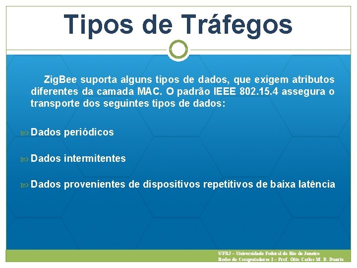 Tipos de Tráfegos Zig. Bee suporta alguns tipos de dados, que exigem atributos diferentes