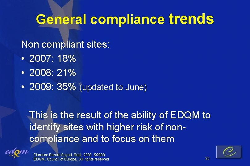 General compliance trends Non compliant sites: • 2007: 18% • 2008: 21% • 2009: