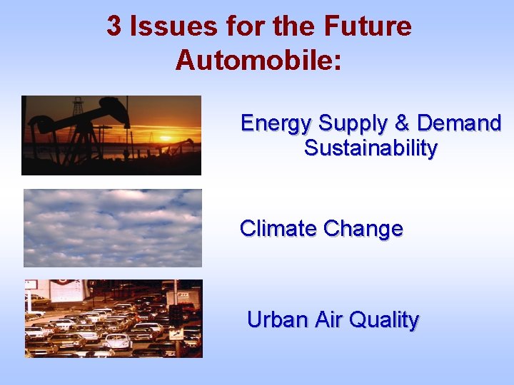 3 Issues for the Future Automobile: Energy Supply & Demand Sustainability Climate Change Urban