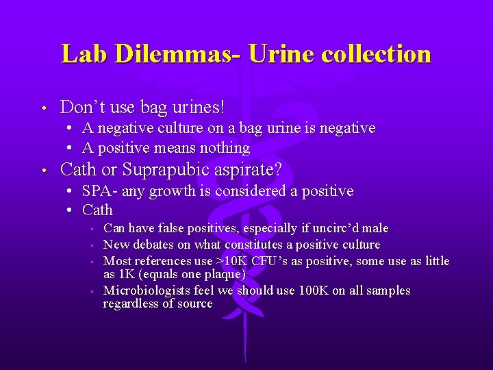 Lab Dilemmas- Urine collection • Don’t use bag urines! • A negative culture on