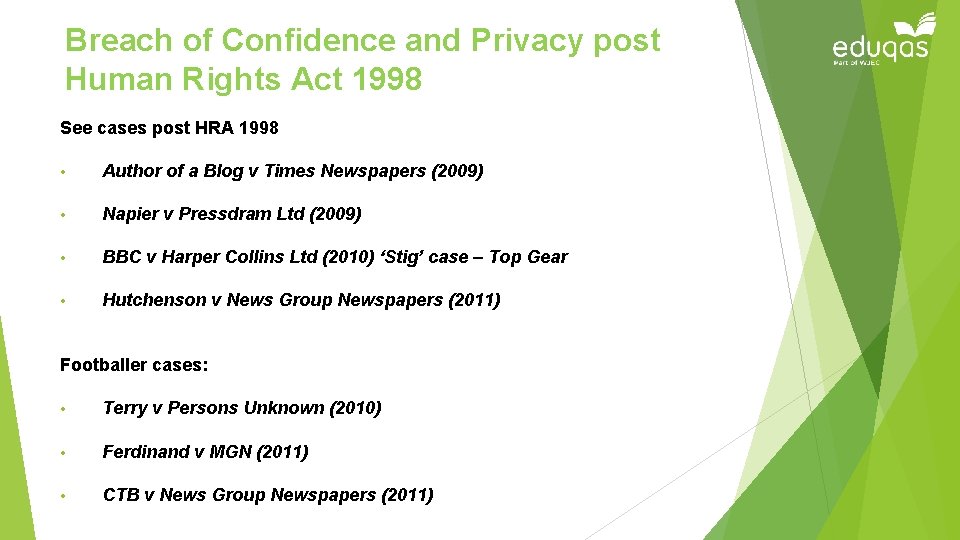 Breach of Confidence and Privacy post Human Rights Act 1998 See cases post HRA