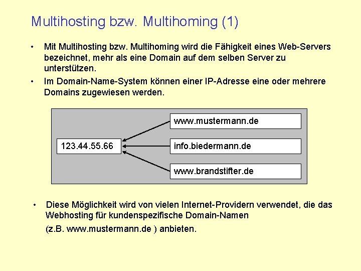 Multihosting bzw. Multihoming (1) • • Mit Multihosting bzw. Multihoming wird die Fähigkeit eines
