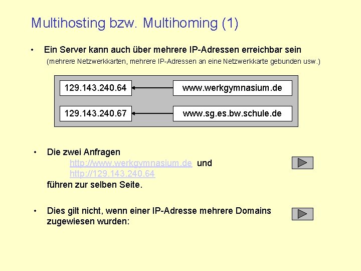 Multihosting bzw. Multihoming (1) • Ein Server kann auch über mehrere IP-Adressen erreichbar sein