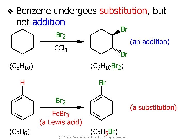 v Benzene undergoes substitution, but not addition © 2014 by John Wiley & Sons,