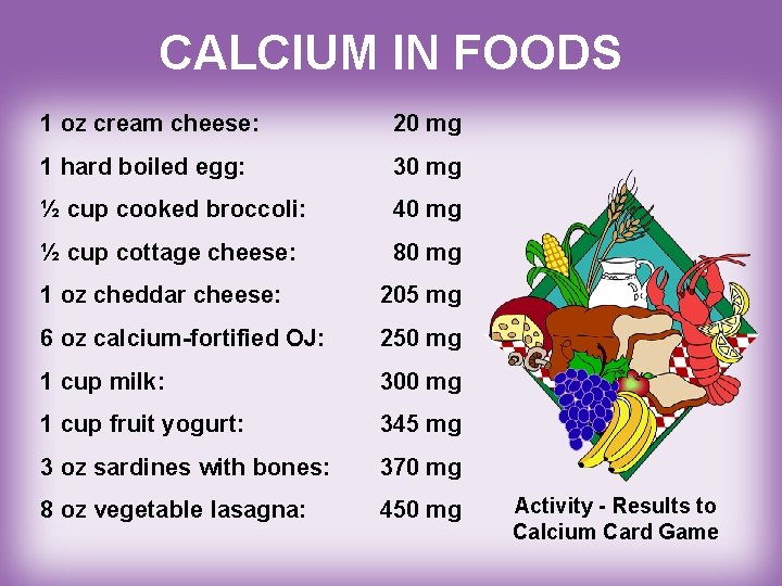 CALCIUM IN FOODS 1 oz cream cheese: 20 mg 1 hard boiled egg: 30