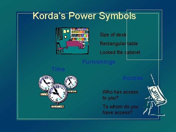 Korda’s Power Symbols Size of desk Rectangular table Locked file cabinet Furnishings Time Access