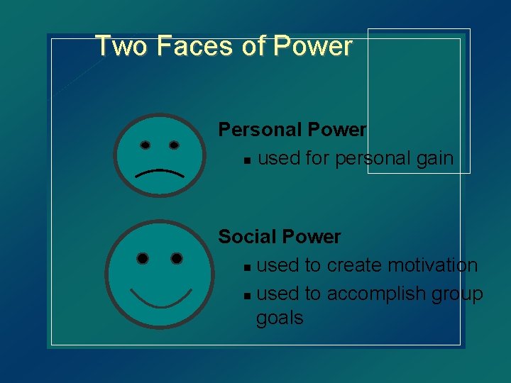 Two Faces of Power Personal Power n used for personal gain Social Power n