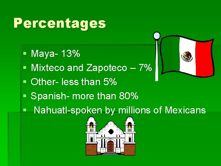 Percentages § § § Maya- 13% Mixteco and Zapoteco – 7% Other- less than