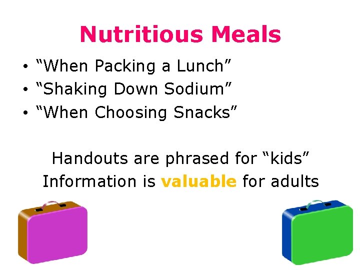 Nutritious Meals • “When Packing a Lunch” • “Shaking Down Sodium” • “When Choosing