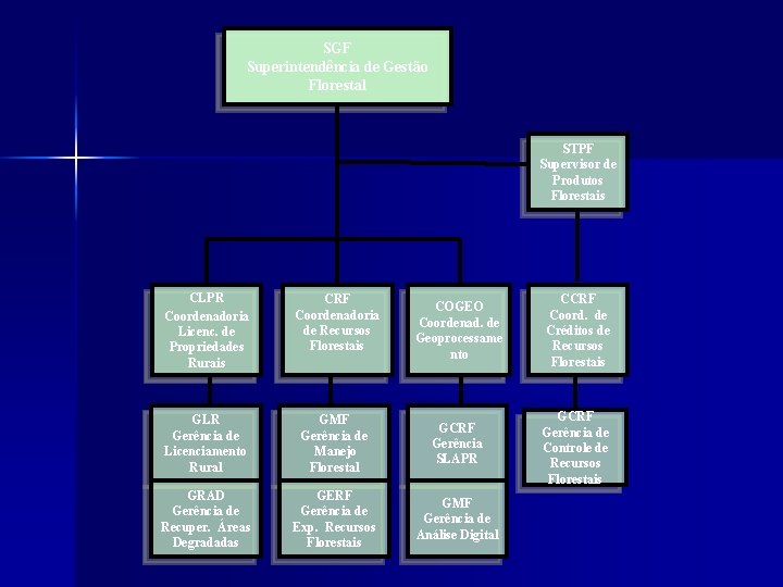 SGF Superintendência de Gestão Florestal STPF Supervisor de Produtos Florestais CLPR Coordenadoria Licenc. de