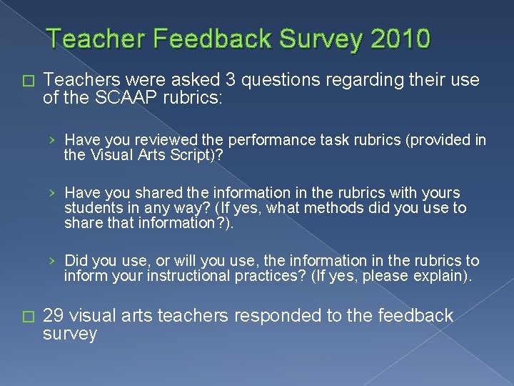 Teacher Feedback Survey 2010 � Teachers were asked 3 questions regarding their use of