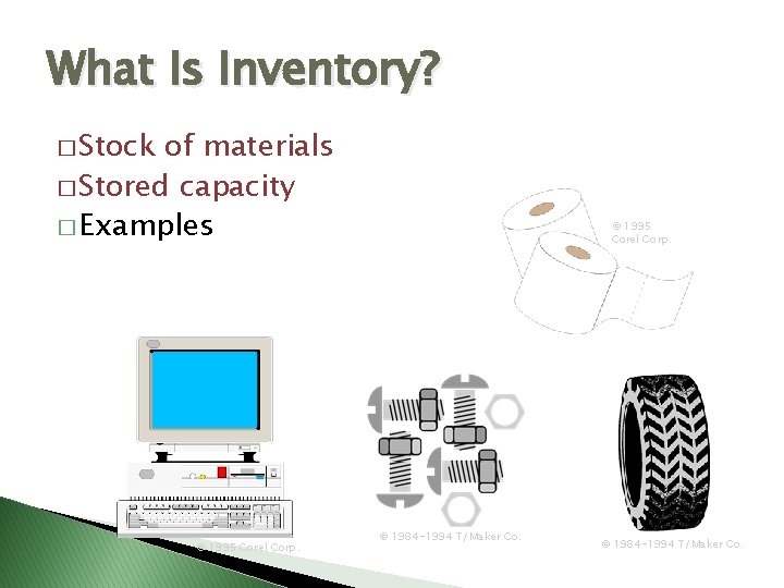 What Is Inventory? � Stock of materials � Stored capacity � Examples © 1995