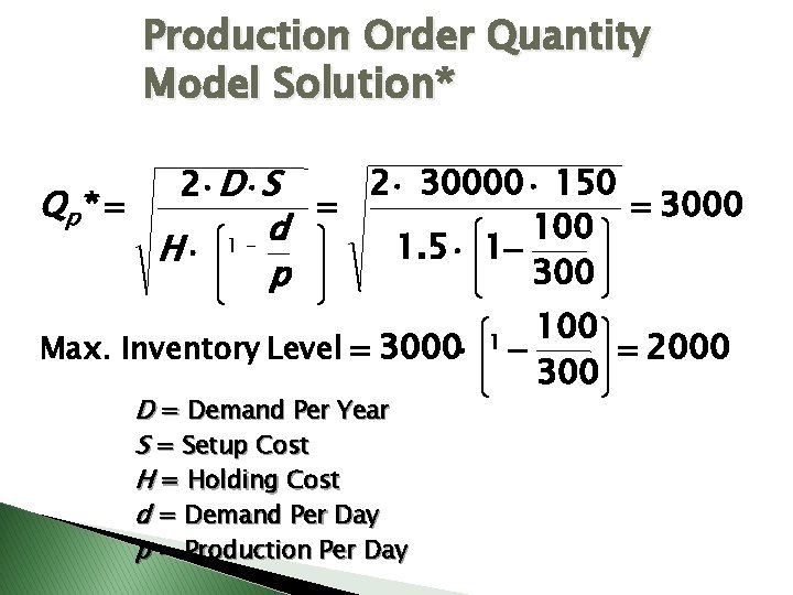 Production Order Quantity Model Solution* Qp * = 2× D × S H× 1