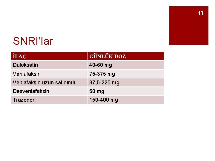 41 SNRI’lar İLAÇ GÜNLÜK DOZ Duloksetin 40 -60 mg Venlafaksin 75 -375 mg Venlafaksin