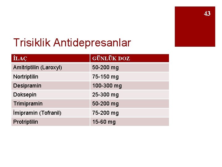 43 Trisiklik Antidepresanlar İLAÇ GÜNLÜK DOZ Amitriptilin (Laroxyl) 50 -200 mg Nortriptilin 75 -150