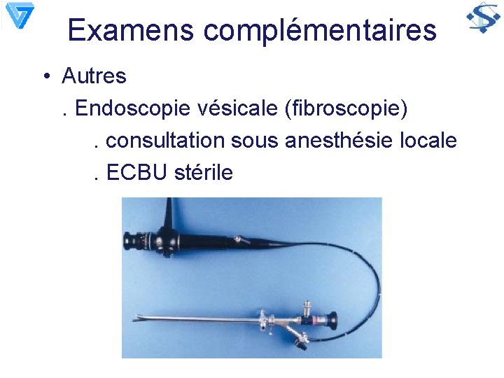 Examens complémentaires • Autres. Endoscopie vésicale (fibroscopie). consultation sous anesthésie locale. ECBU stérile 