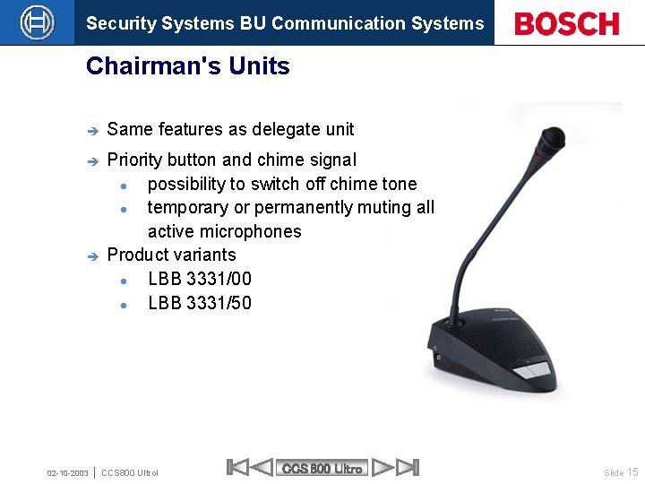 Security Systems BU Communication Systems Chairman's Units è Same features as delegate unit è