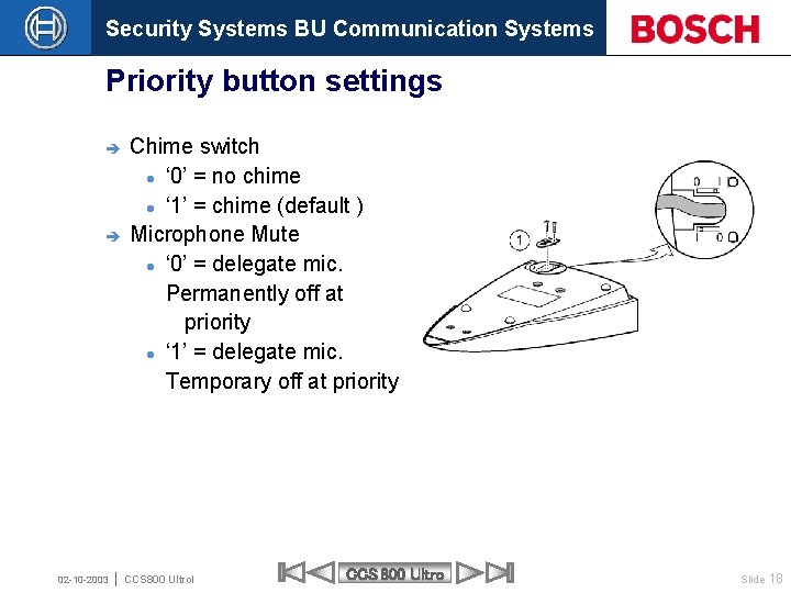 Security Systems BU Communication Systems Priority button settings è è 02 -10 -2003 Chime