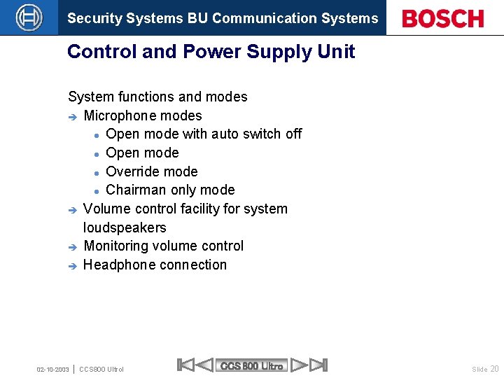 Security Systems BU Communication Systems Control and Power Supply Unit System functions and modes