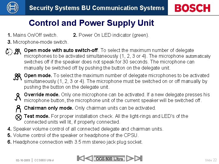 Security Systems BU Communication Systems Control and Power Supply Unit 1. Mains On/Off switch.
