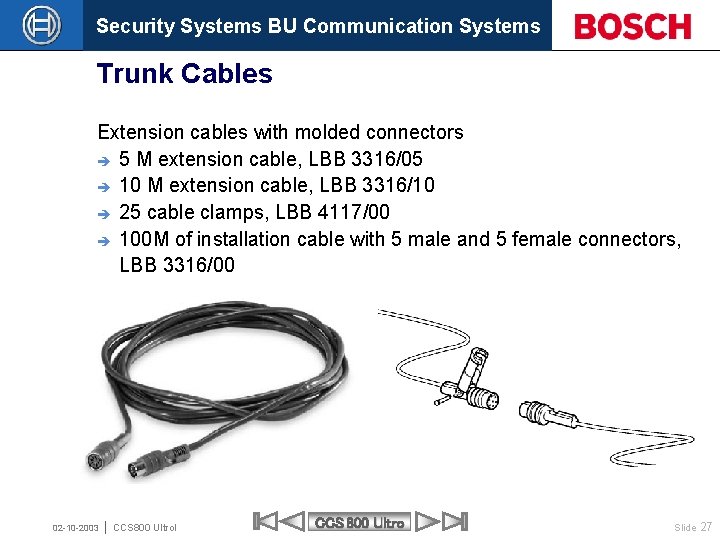 Security Systems BU Communication Systems Trunk Cables Extension cables with molded connectors è 5