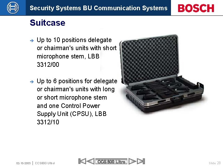 Security Systems BU Communication Systems Suitcase è Up to 10 positions delegate or chairman's