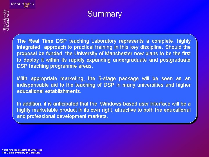 Summary The Real Time DSP teaching Laboratory represents a complete, highly integrated approach to