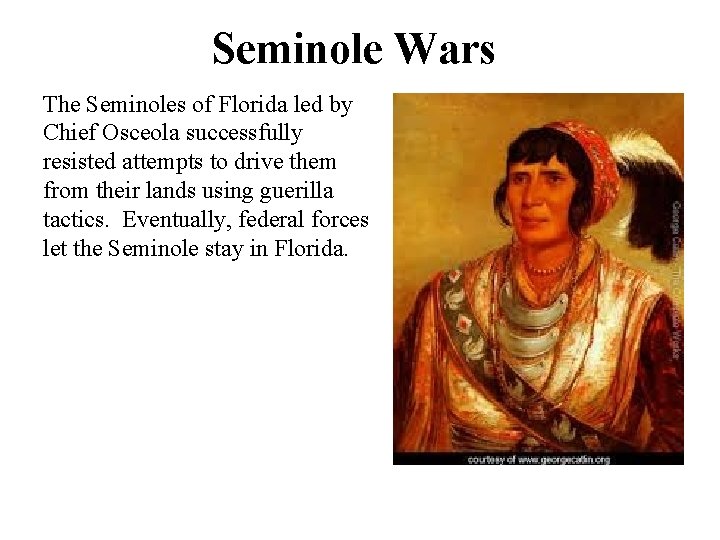 Seminole Wars The Seminoles of Florida led by Chief Osceola successfully resisted attempts to