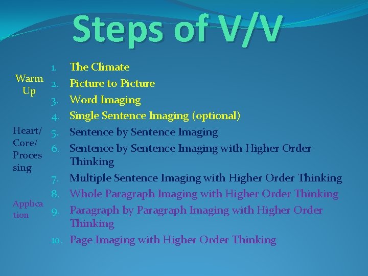 Steps of V/V 1. Warm 2. Up 3. 4. Heart/ 5. Core/ 6. Proces