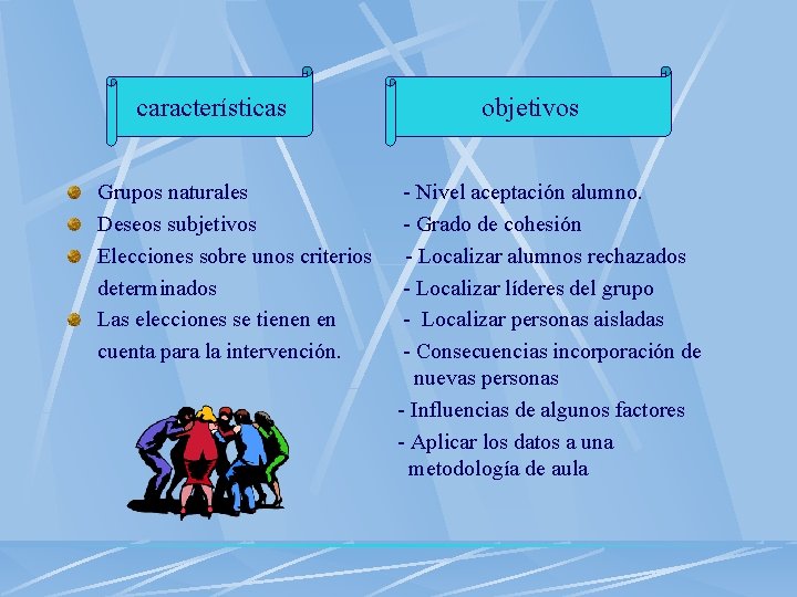 características Grupos naturales Deseos subjetivos Elecciones sobre unos criterios determinados Las elecciones se tienen