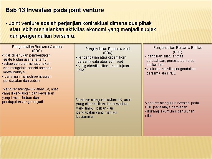 Bab 13 Investasi pada joint venture • Joint venture adalah perjanjian kontraktual dimana dua