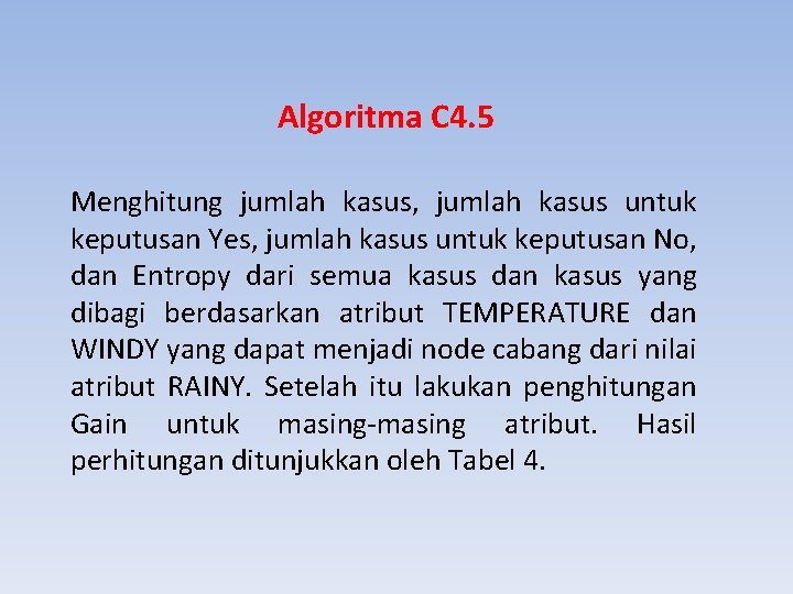 Algoritma C 4. 5 Menghitung jumlah kasus, jumlah kasus untuk keputusan Yes, jumlah kasus