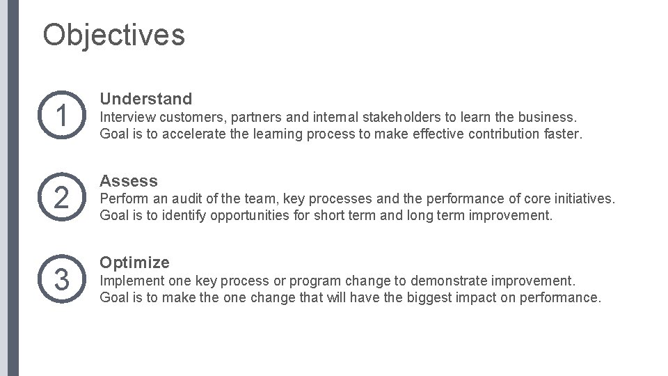 Objectives 1 2 3 Understand Interview customers, partners and internal stakeholders to learn the