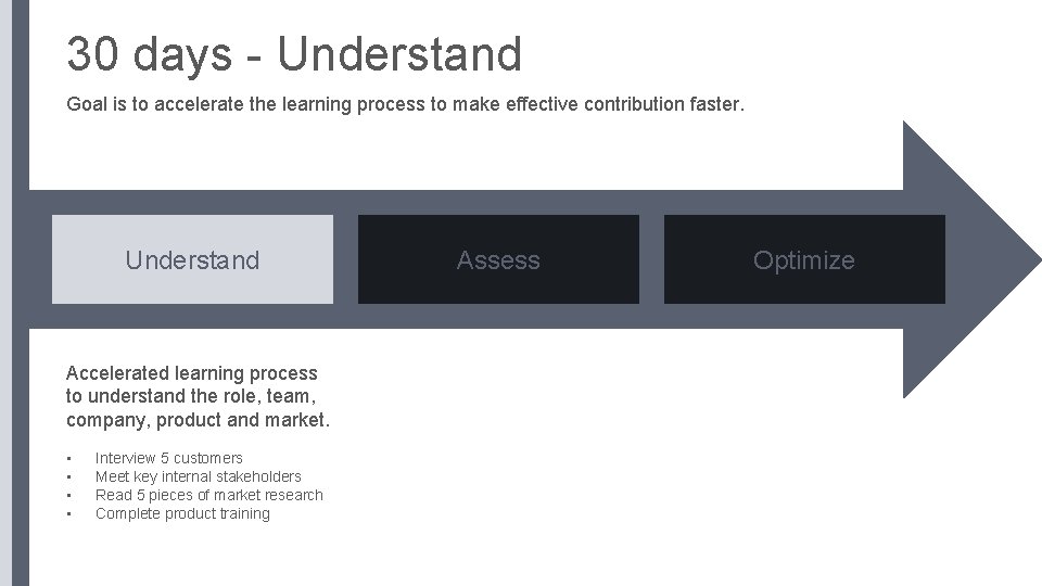 30 days - Understand Goal is to accelerate the learning process to make effective