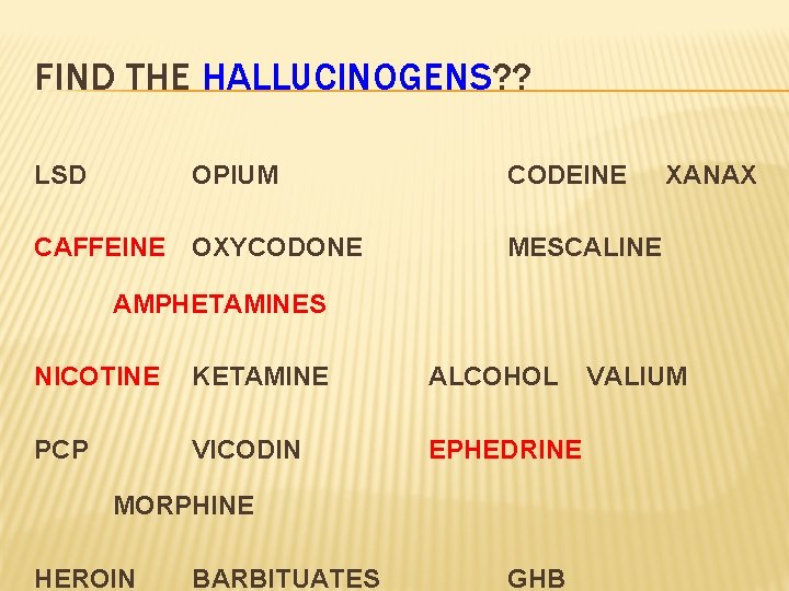 FIND THE HALLUCINOGENS? ? LSD OPIUM CODEINE CAFFEINE OXYCODONE MESCALINE XANAX AMPHETAMINES NICOTINE KETAMINE