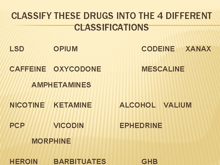 CLASSIFY THESE DRUGS INTO THE 4 DIFFERENT CLASSIFICATIONS LSD OPIUM CODEINE CAFFEINE OXYCODONE MESCALINE