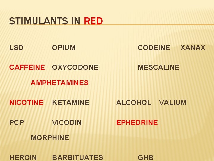 STIMULANTS IN RED LSD OPIUM CODEINE CAFFEINE OXYCODONE MESCALINE XANAX AMPHETAMINES NICOTINE KETAMINE ALCOHOL
