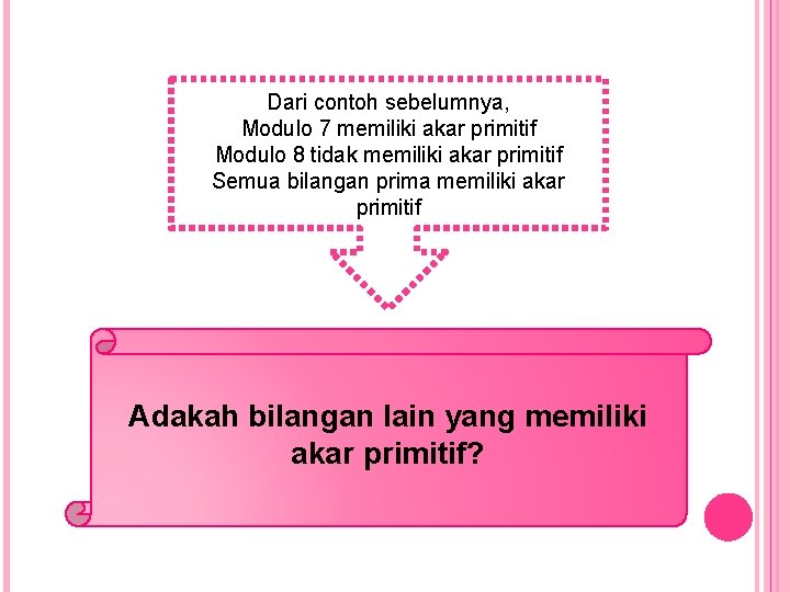 Dari contoh sebelumnya, Modulo 7 memiliki akar primitif Modulo 8 tidak memiliki akar primitif