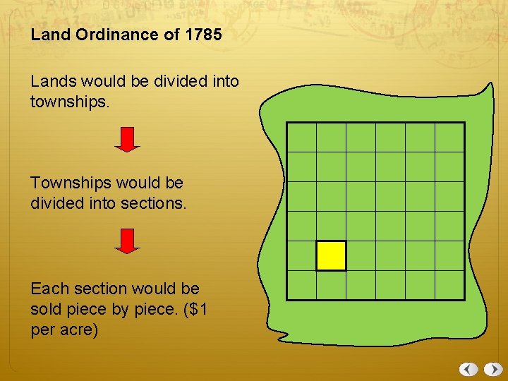 Land Ordinance of 1785 Lands would be divided into townships. Townships would be divided