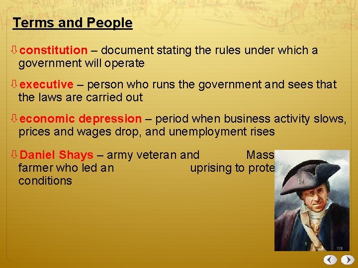 Terms and People constitution – document stating the rules under which a government will