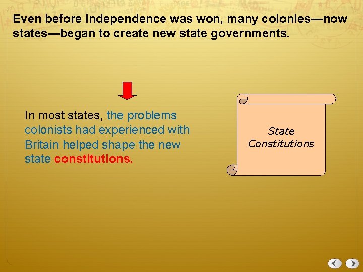 Even before independence was won, many colonies—now states—began to create new state governments. In