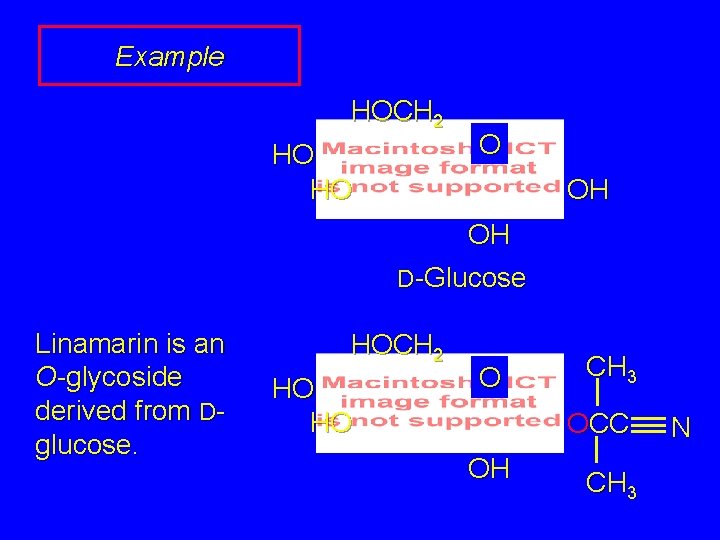 Example HOCH 2 HO HO O OH OH D-Glucose Linamarin is an O-glycoside derived