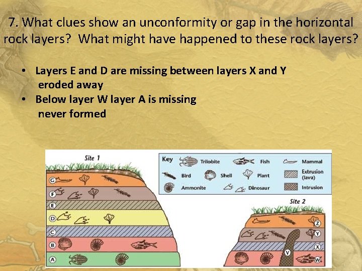 7. What clues show an unconformity or gap in the horizontal rock layers? What