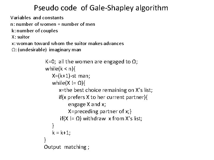 Pseudo code of Gale-Shapley algorithm Variables and constants n: number of women = number