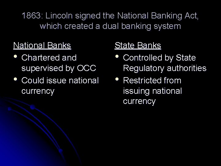 1863: Lincoln signed the National Banking Act, which created a dual banking system National