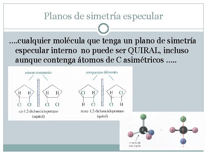 Planos de simetría especular …. cualquier molécula que tenga un plano de simetría especular