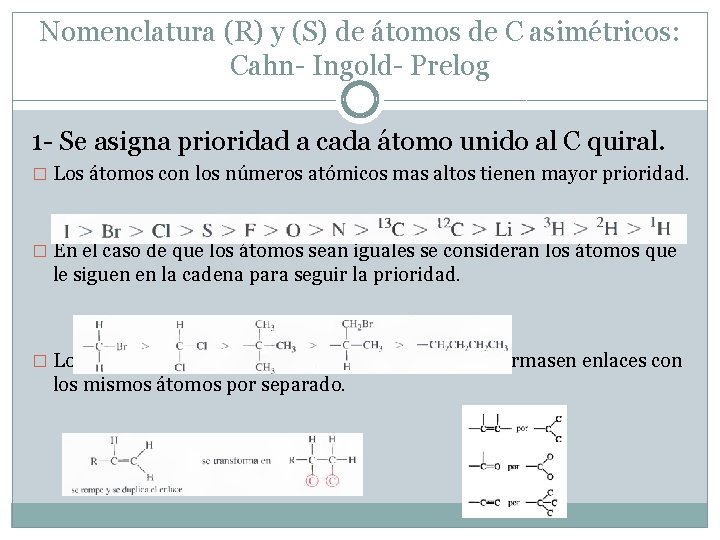 Nomenclatura (R) y (S) de átomos de C asimétricos: Cahn- Ingold- Prelog 1 -