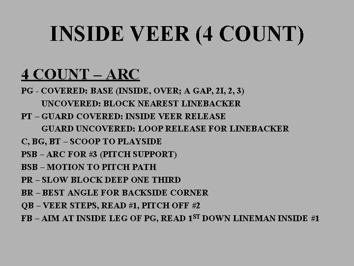 INSIDE VEER (4 COUNT) 4 COUNT – ARC PG - COVERED: BASE (INSIDE, OVER;