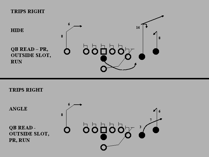 TRIPS RIGHT 6 HIDE 14 8 8 QB READ – PR, OUTSIDE SLOT, RUN