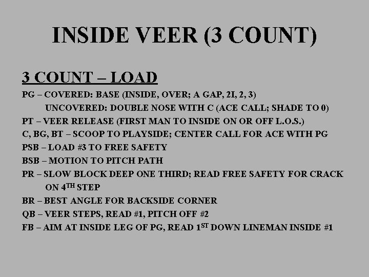 INSIDE VEER (3 COUNT) 3 COUNT – LOAD PG – COVERED: BASE (INSIDE, OVER;